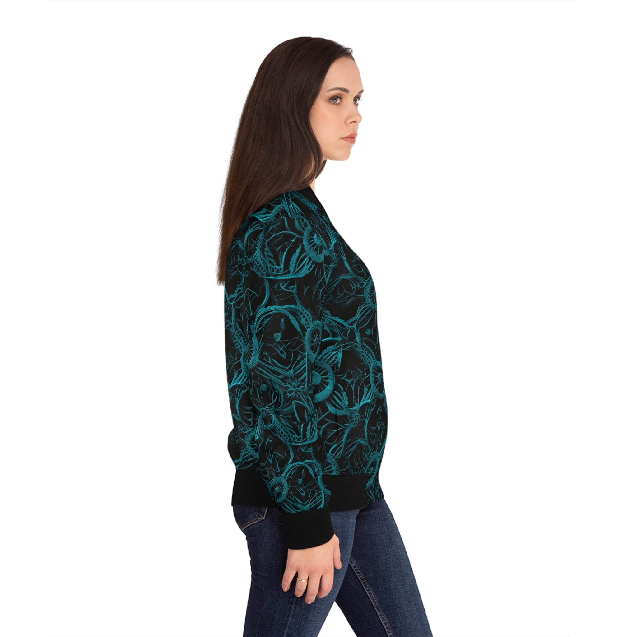 Women's bomber jacket with teal floral mandala print and black ribbed cuffs