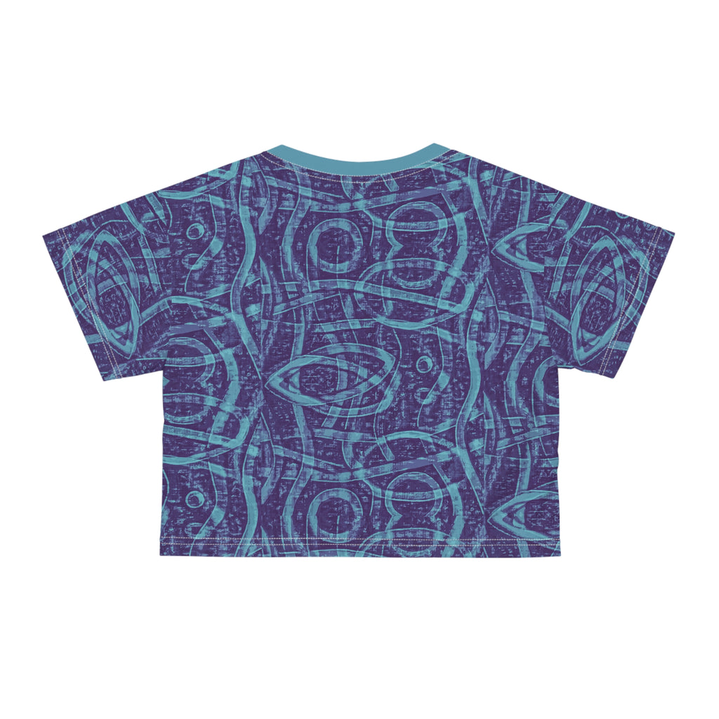 Indigo crop T-shirt with abstract geometric all-over print and short sleeves