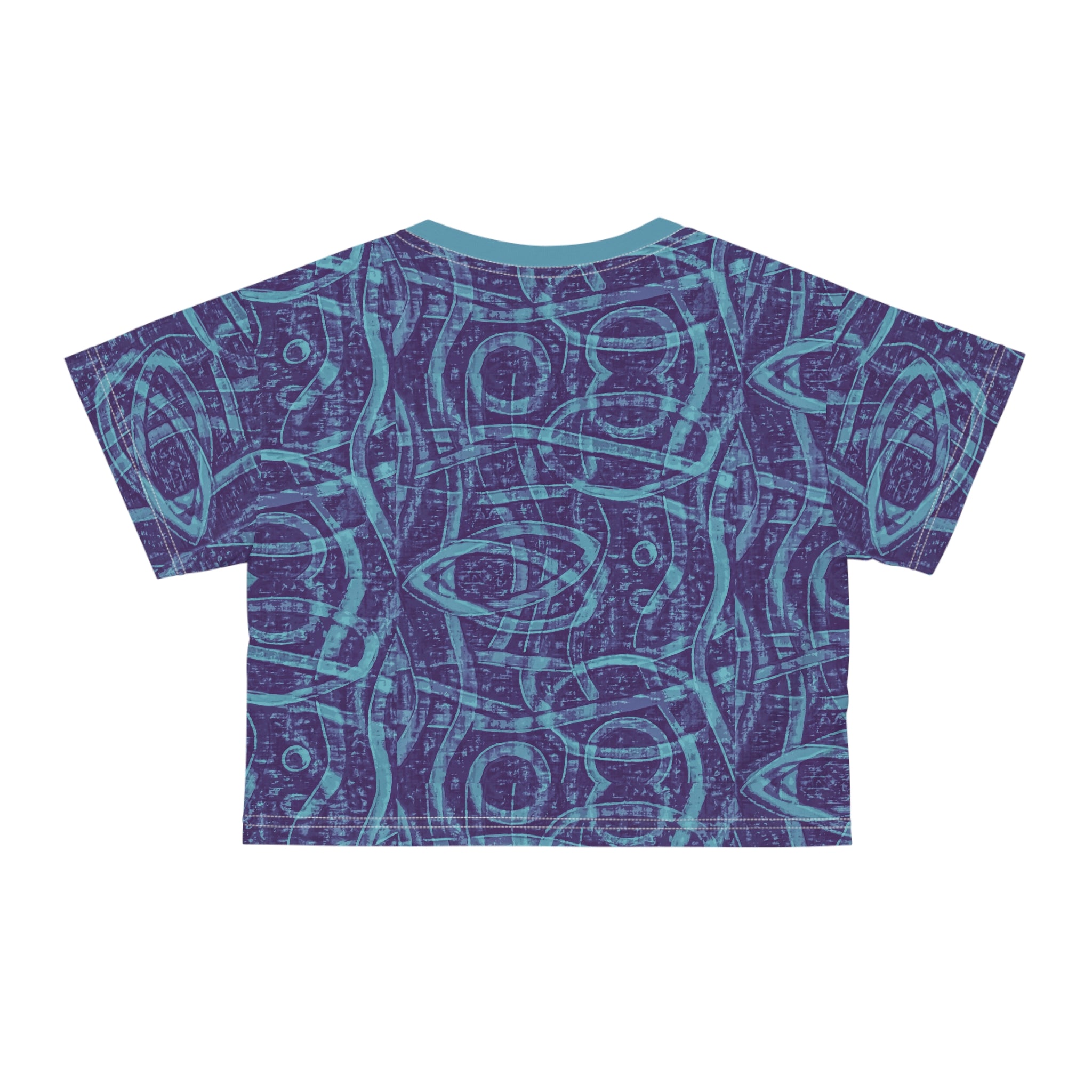 Indigo crop T-shirt with abstract geometric all-over print and short sleeves