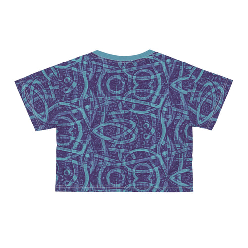 Indigo crop T-shirt with abstract geometric all-over print and short sleeves