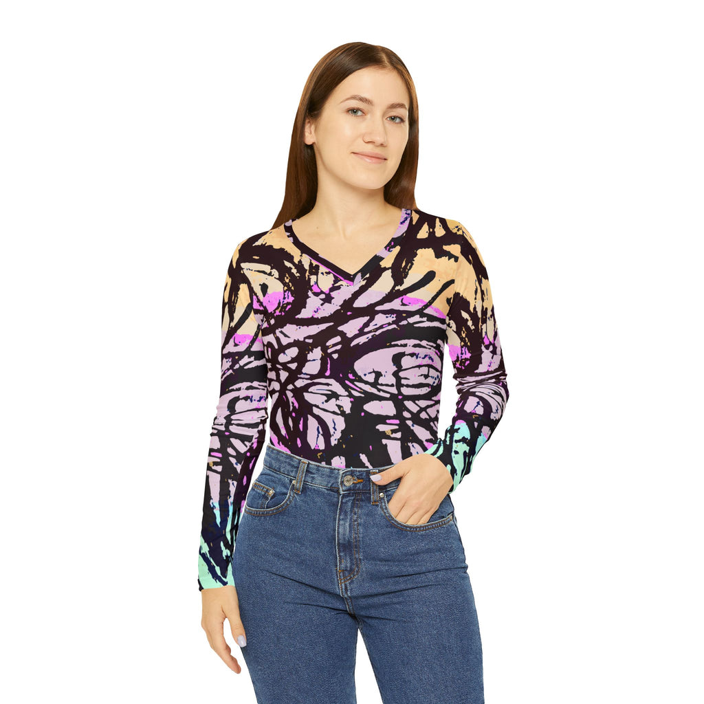 Abstract Pastel Scribble V‑Neck Long Sleeve — Women's Artistic All‑Over Print Shirt