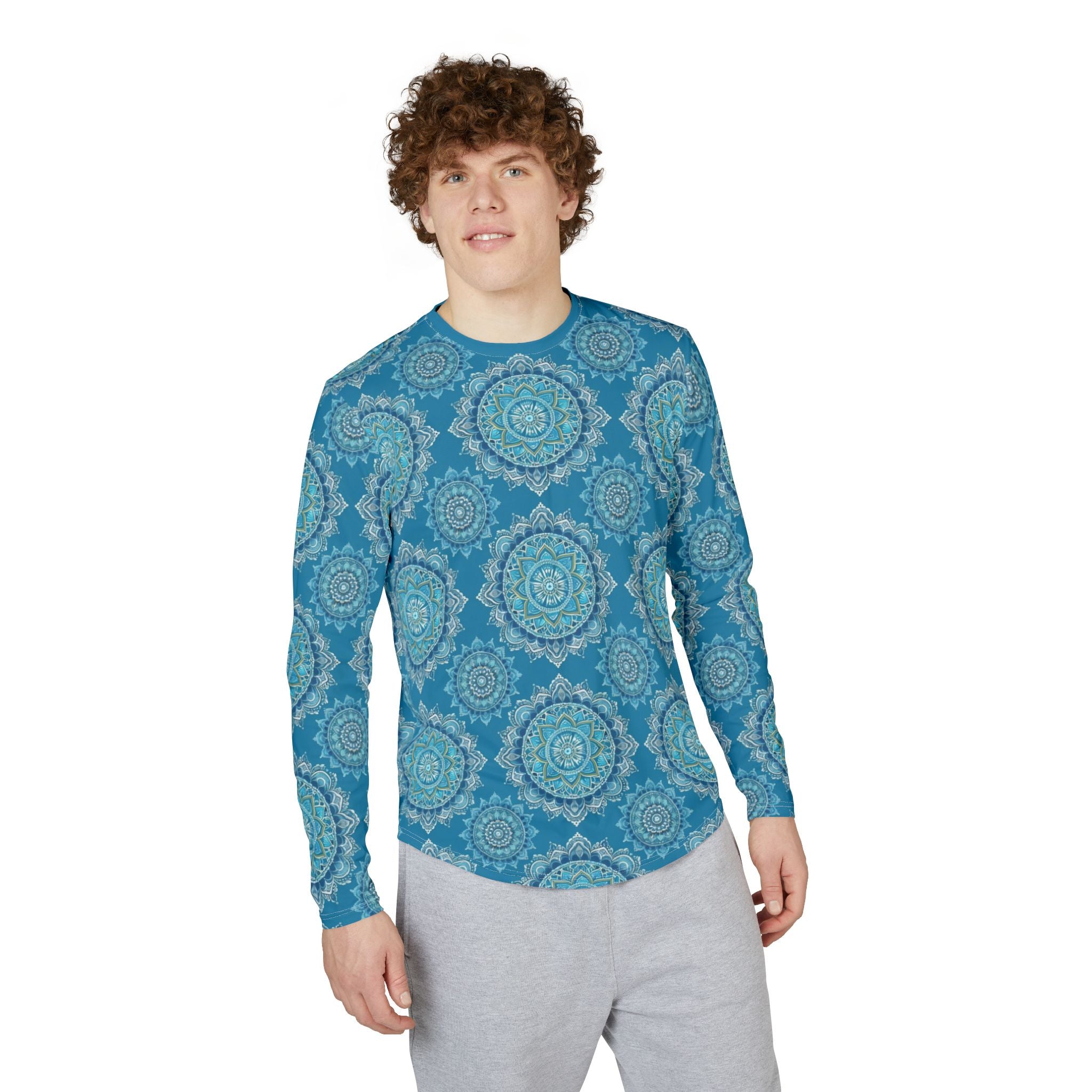 Men's UV Long Sleeve Shirt —  "UPF 50+" Teal Mandala Sun Protection Top