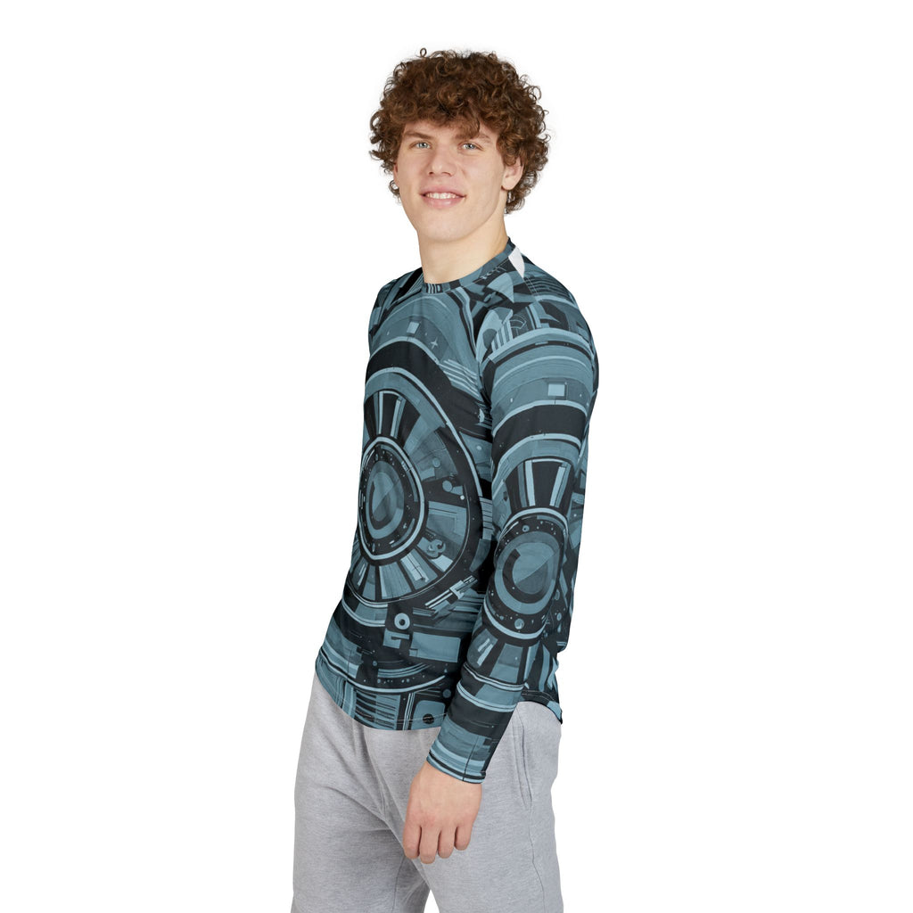 Men's long-sleeve UV protection shirt, side profile with teal circuit print