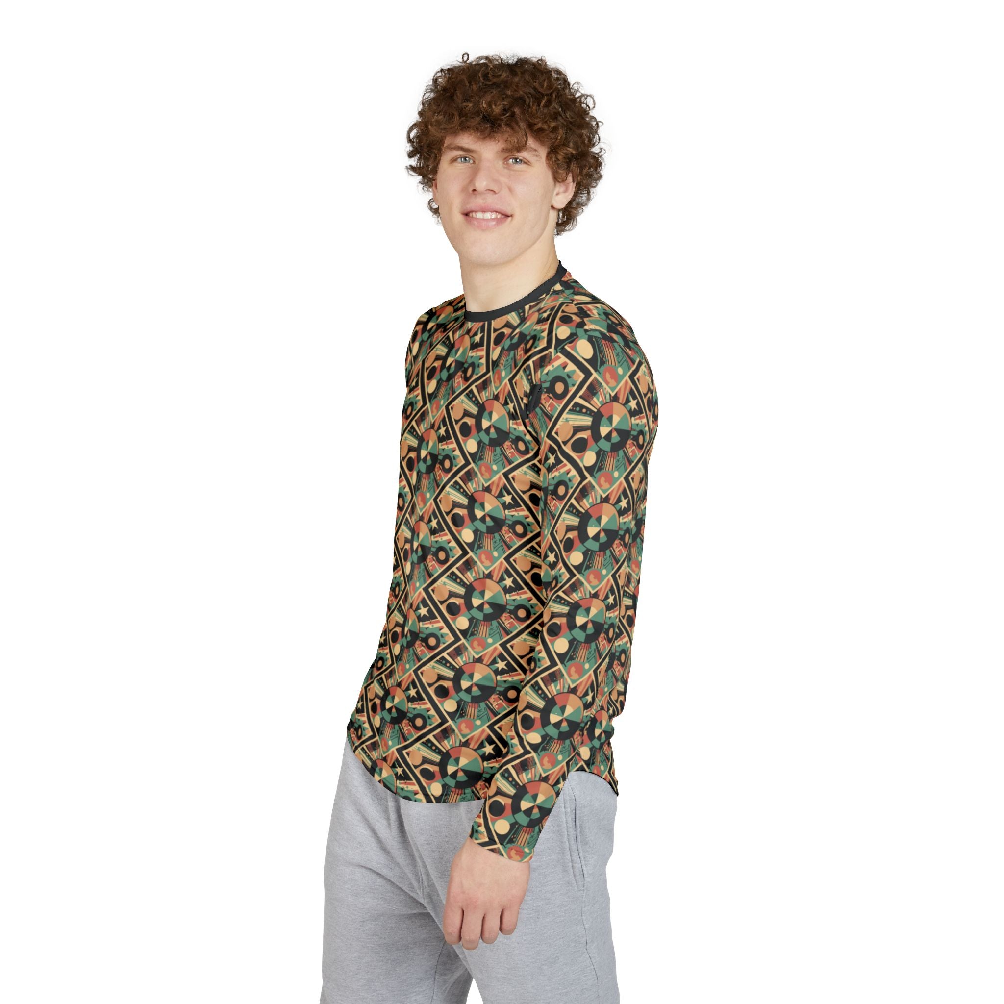 Men's long-sleeve crewneck shirt with geometric pattern, side profile in green and orange