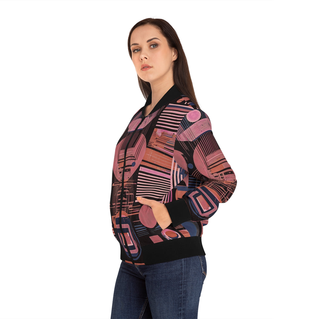 Pink and navy abstract bomber jacket, side view with black ribbed cuffs and hem