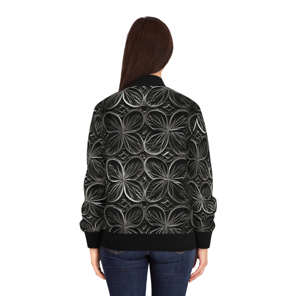 Floral Mosaic Women's Bomber Jacket — Monochrome Textured Petal Print