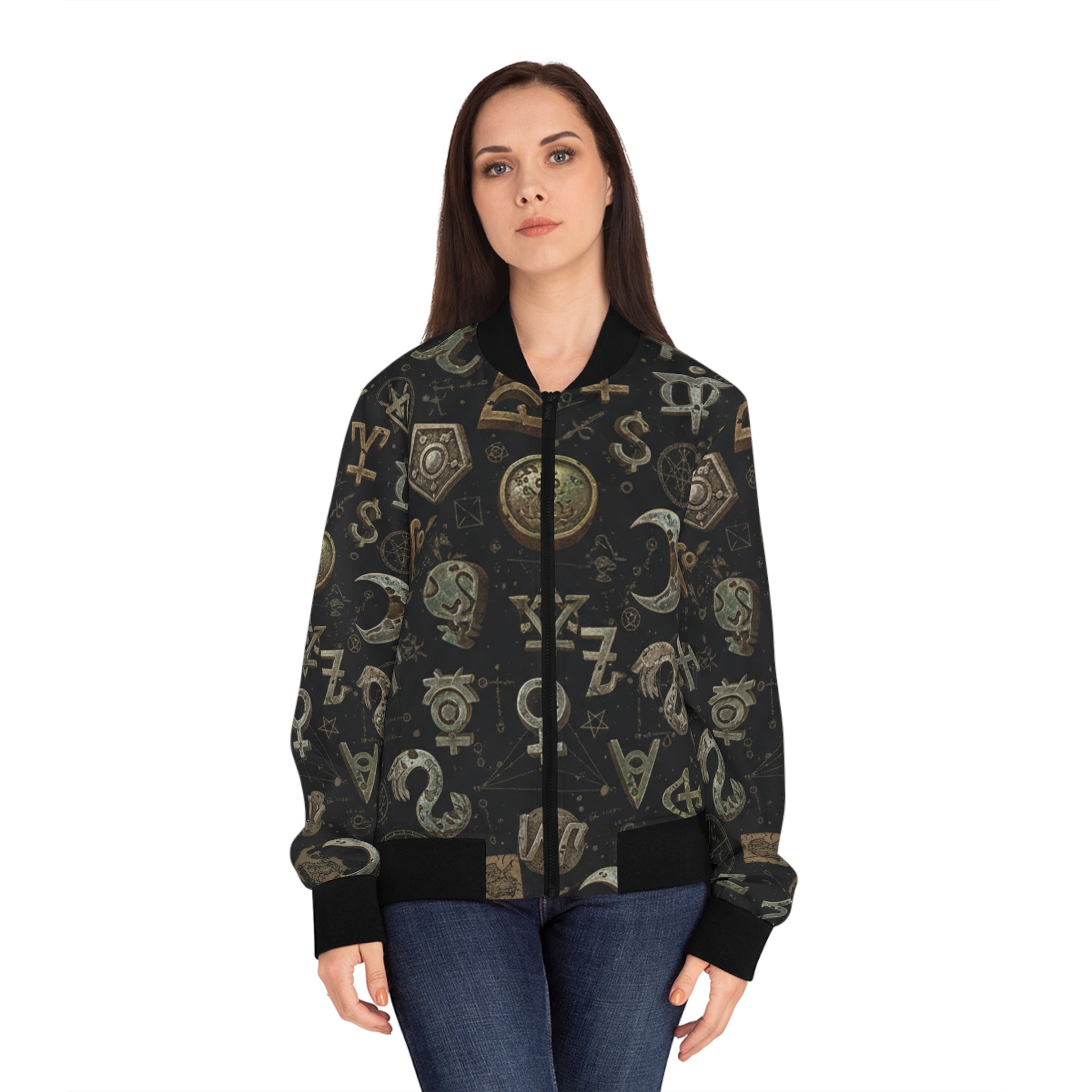 Witchy Symbol Pattern Bomber Jacket — Mystical Moon & Alchemy All-Over Print