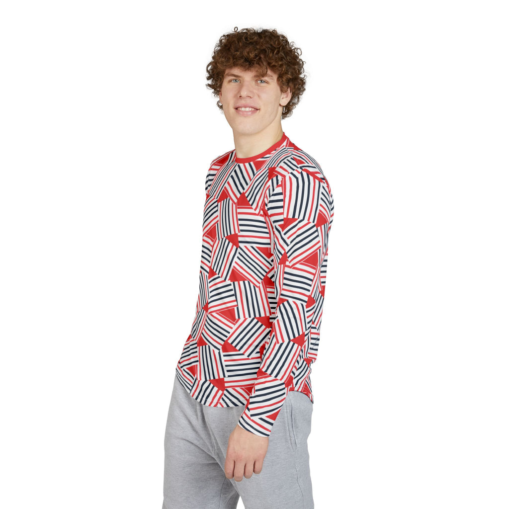 Men's Red White Blue Striped UV Sun Protection Long Sleeve Shirt — All-Over Print