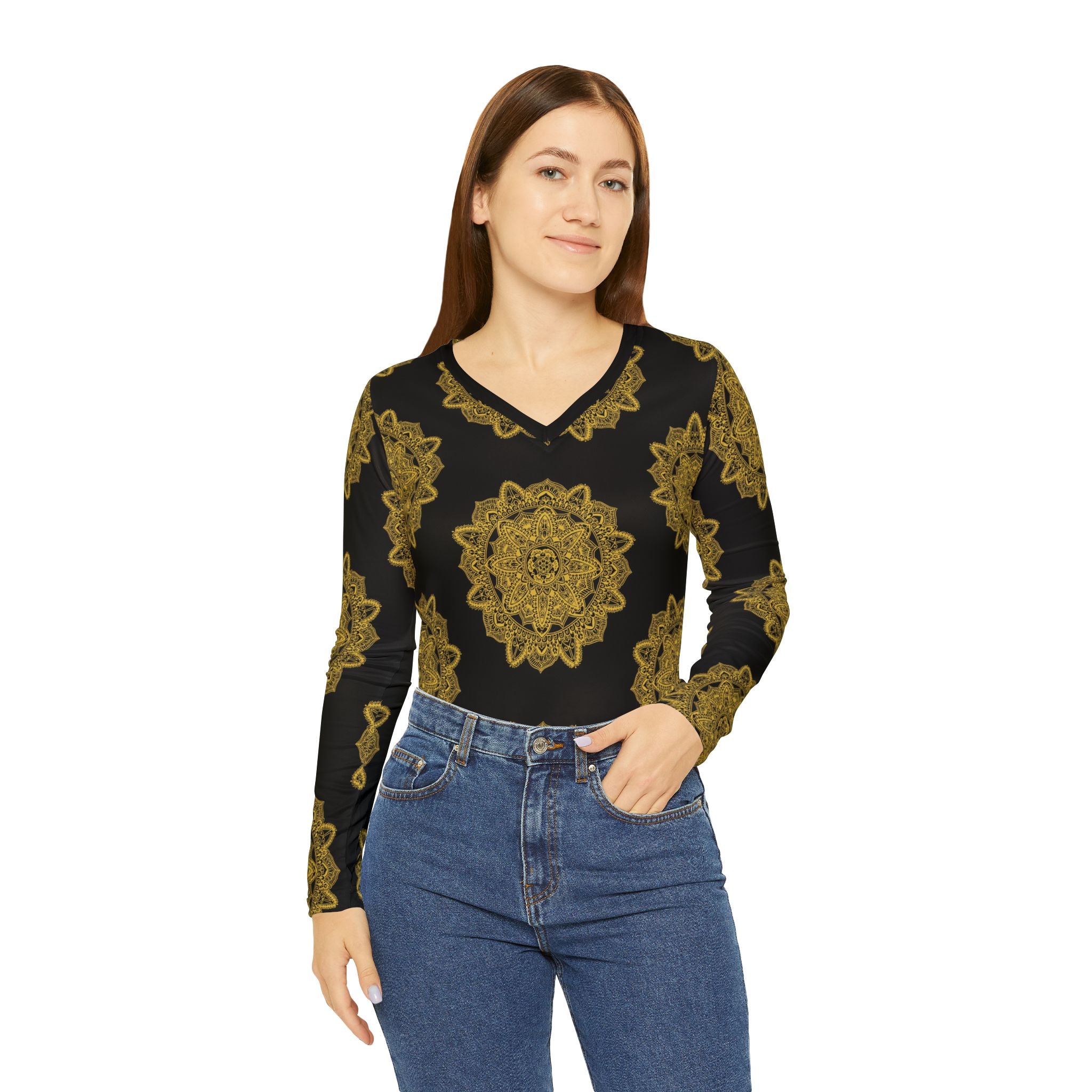 Women's v-neck long-sleeve shirt on model, black with gold mandala all-over print