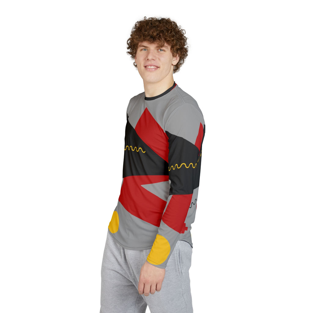 Men's Long Sleeve UV Shirt"UPF 50+" protection — Abstract Geometric Red & Gray AOP