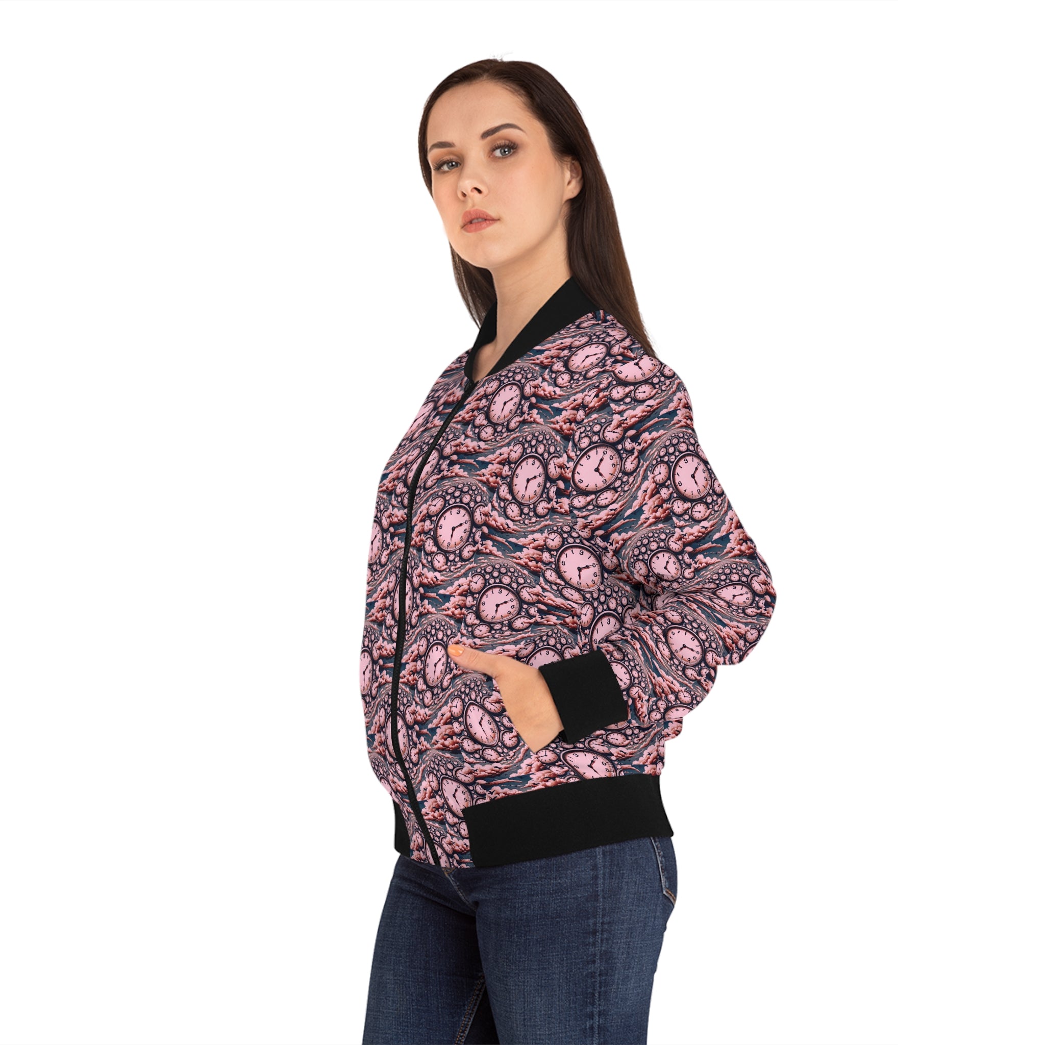 Women’s bomber jacket side view on model with pink clock-pattern and black ribbed cuffs