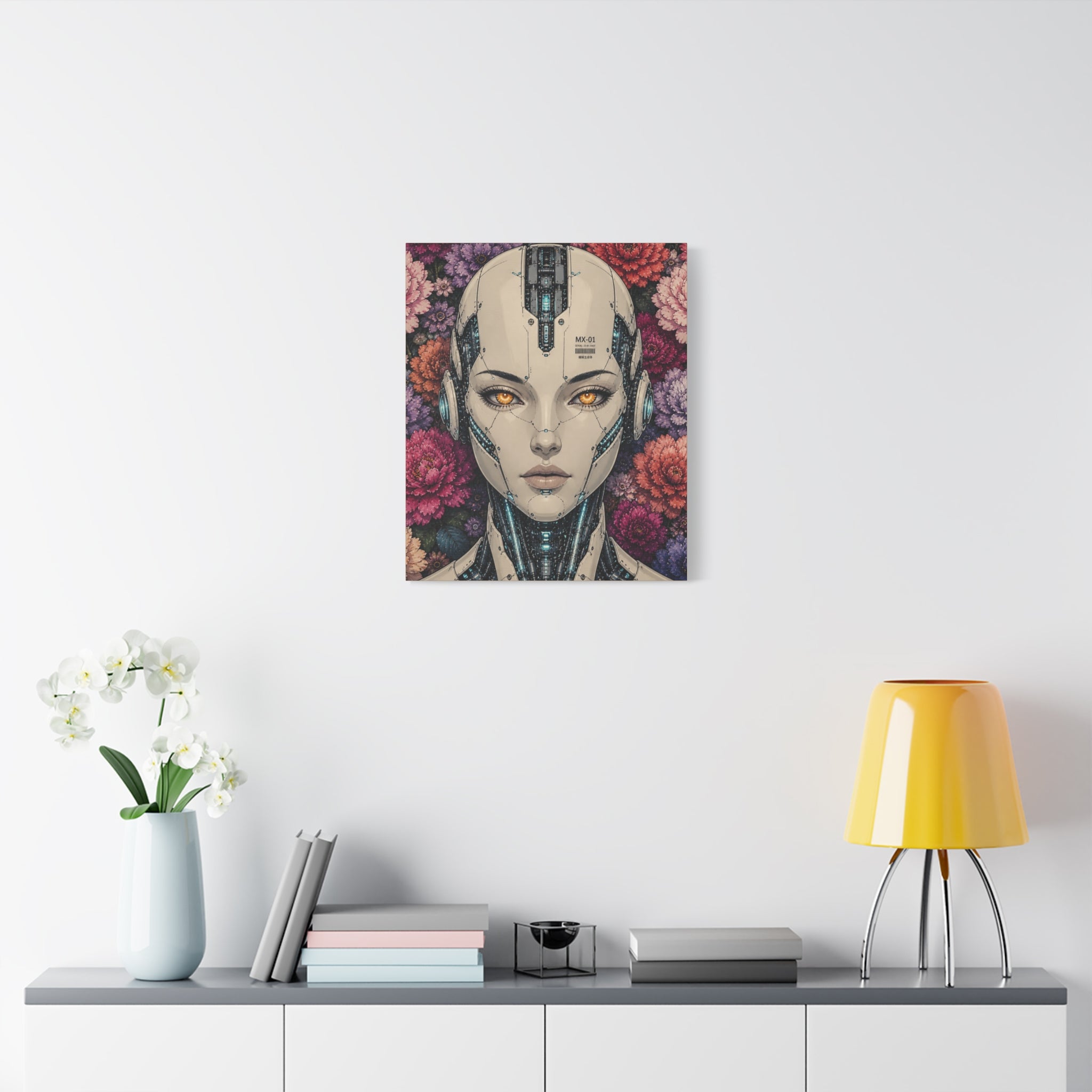 Mini canvas wall art showing futuristic android female face with pink floral backdrop and blue lines