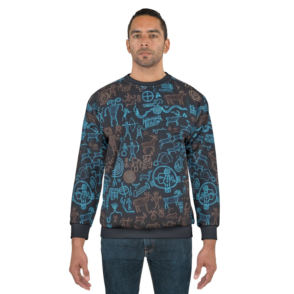 Petroglyph Pattern Sweatshirt — Blue Tribal Rock Art All-Over Print