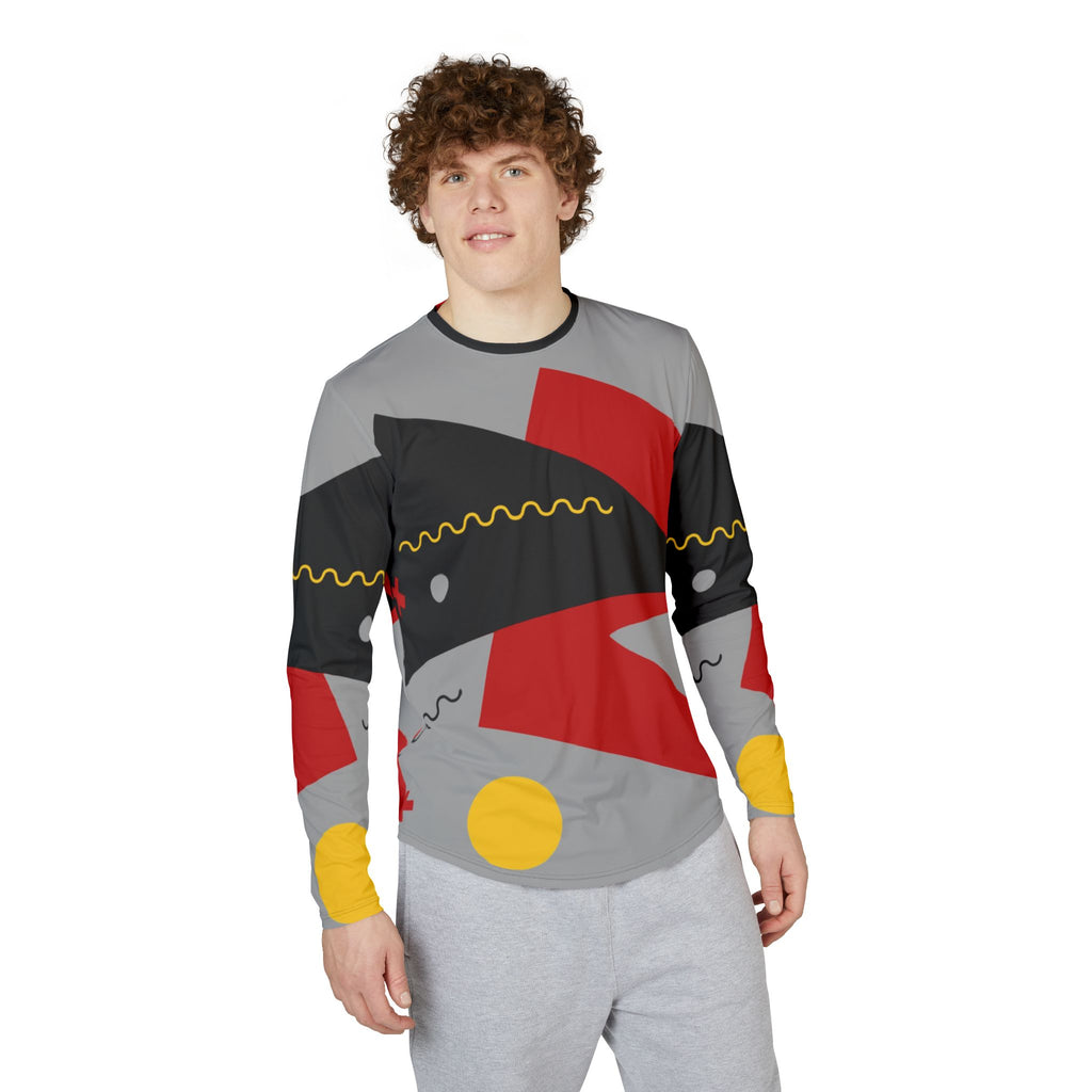 Men's Long Sleeve UV Shirt"UPF 50+" protection — Abstract Geometric Red & Gray AOP
