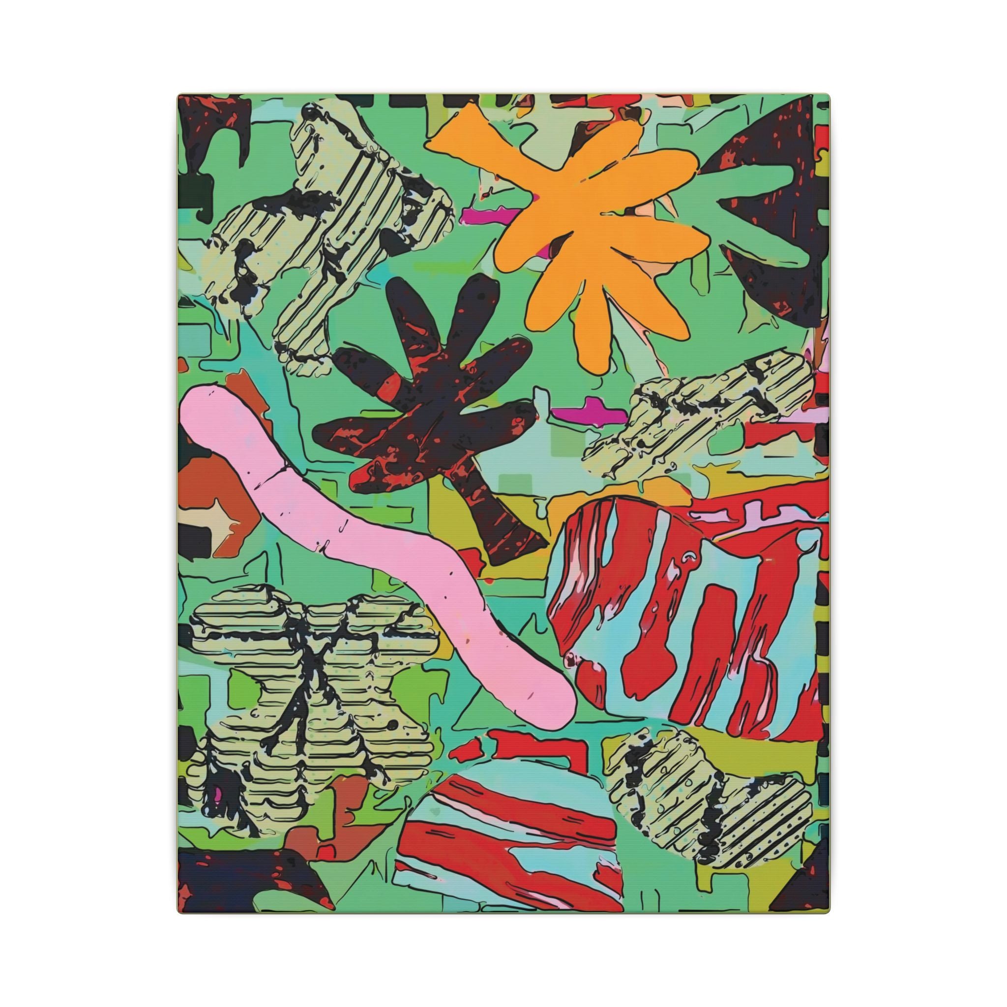 Square abstract tropical canvas print with bright orange flower, green background, and black accents