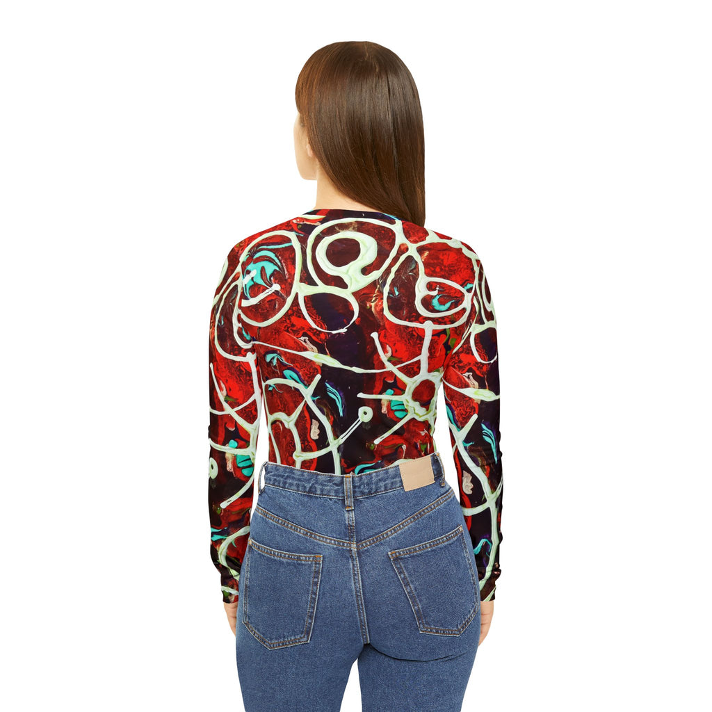 Women's V-neck long-sleeve shirt on model (back), red/white/teal abstract all-over print