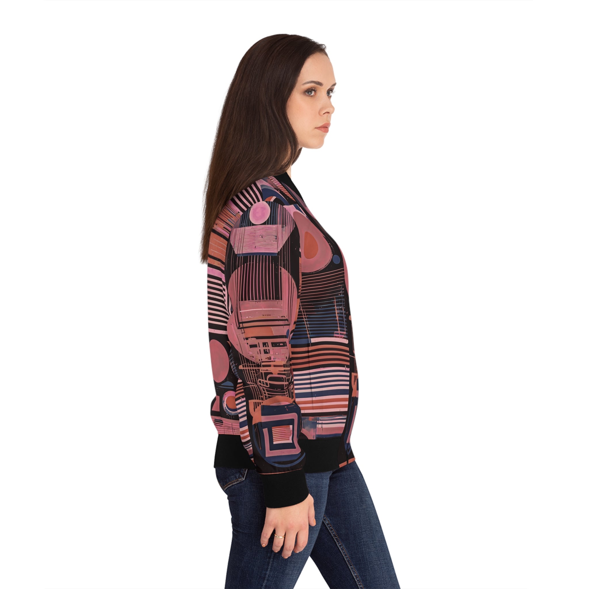 Pink and navy abstract bomber jacket, side profile with black ribbed collar cuffs
