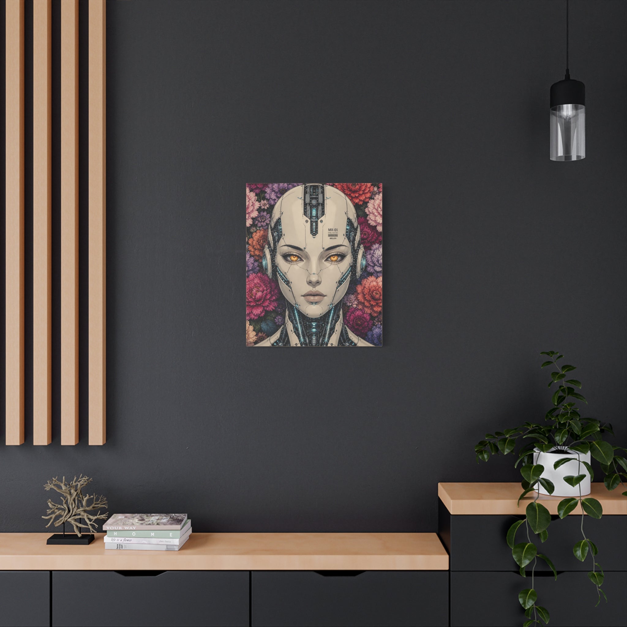 Futuristic android female portrait canvas print with floral accents and blue tech detailing