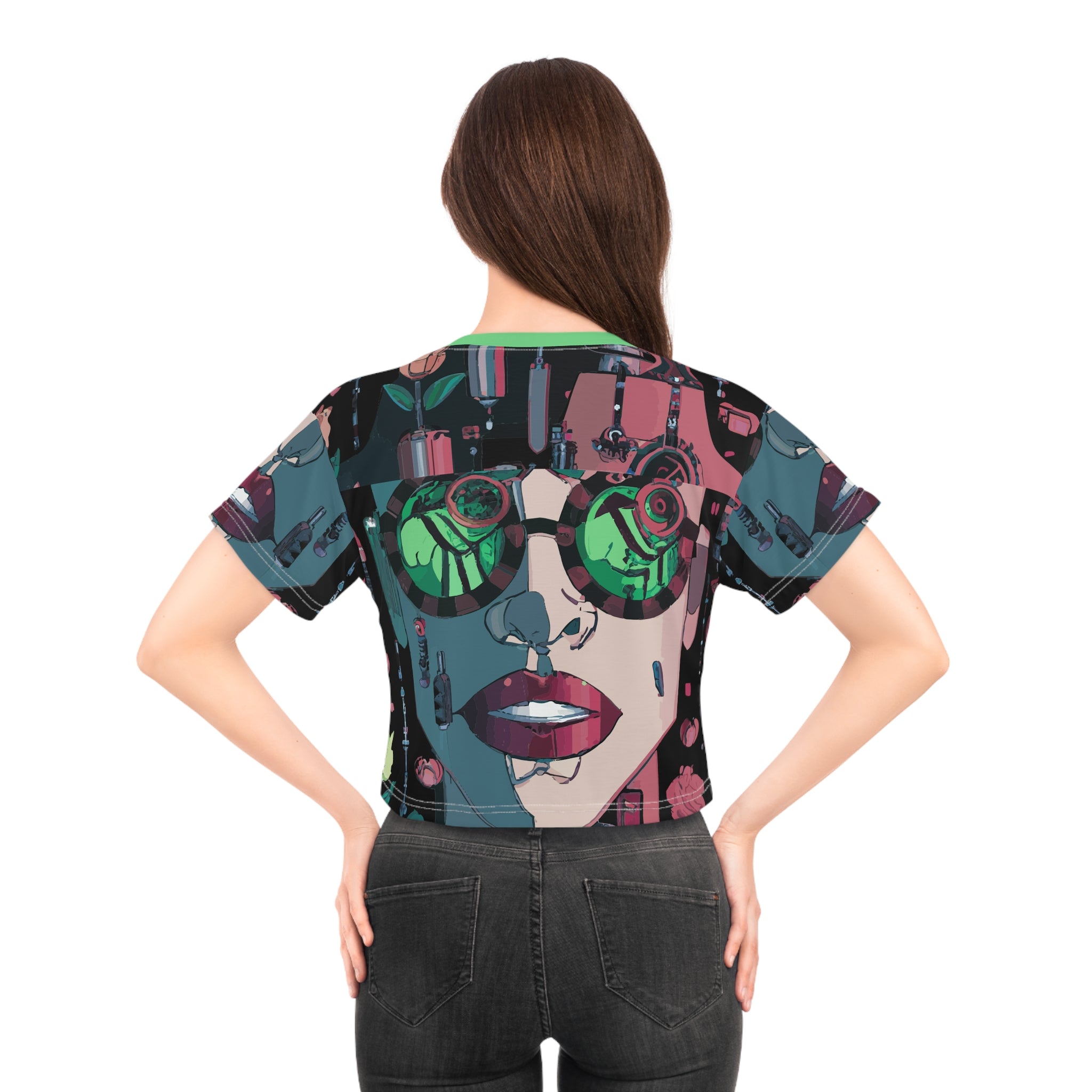 Retro Cyberpunk Crop Tee — Neon Sunglasses Portrait All-Over Print