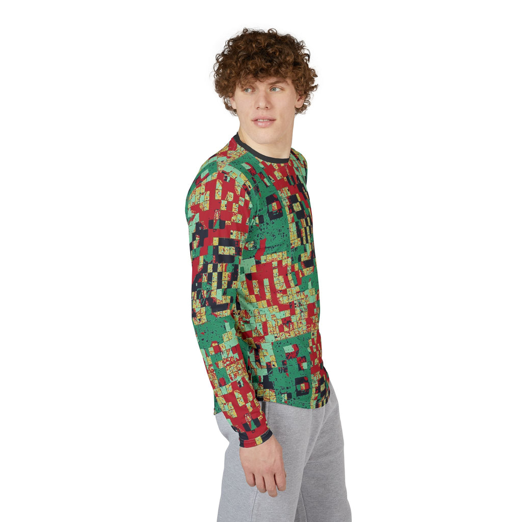 Men's long-sleeve shirt, angled view, green pixel mosaic with red and yellow blocks.
