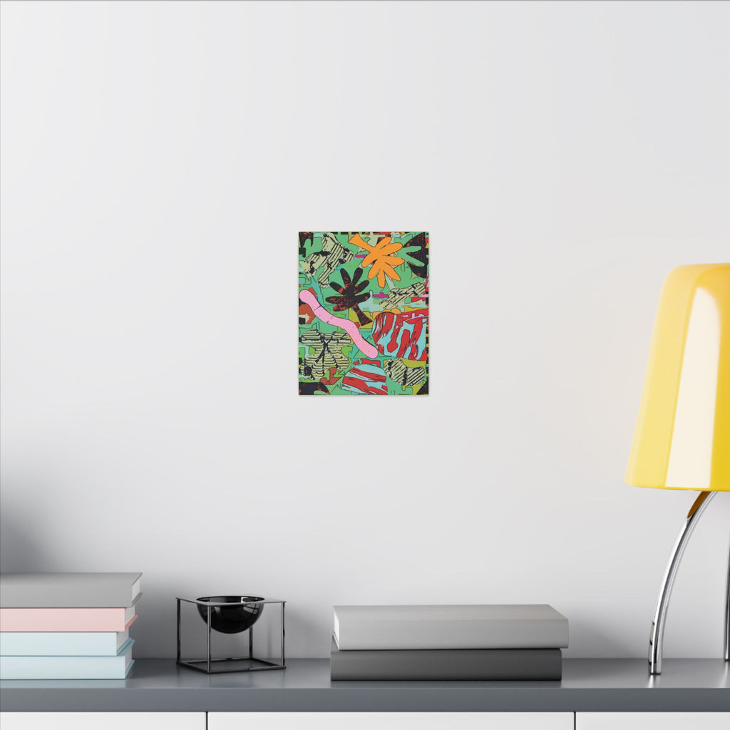 Small square abstract tropical canvas print with orange flower, red leaves, and teal-and-pink details