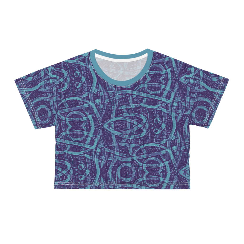 Indigo crop T-shirt with abstract geometric all-over print and crew neckline