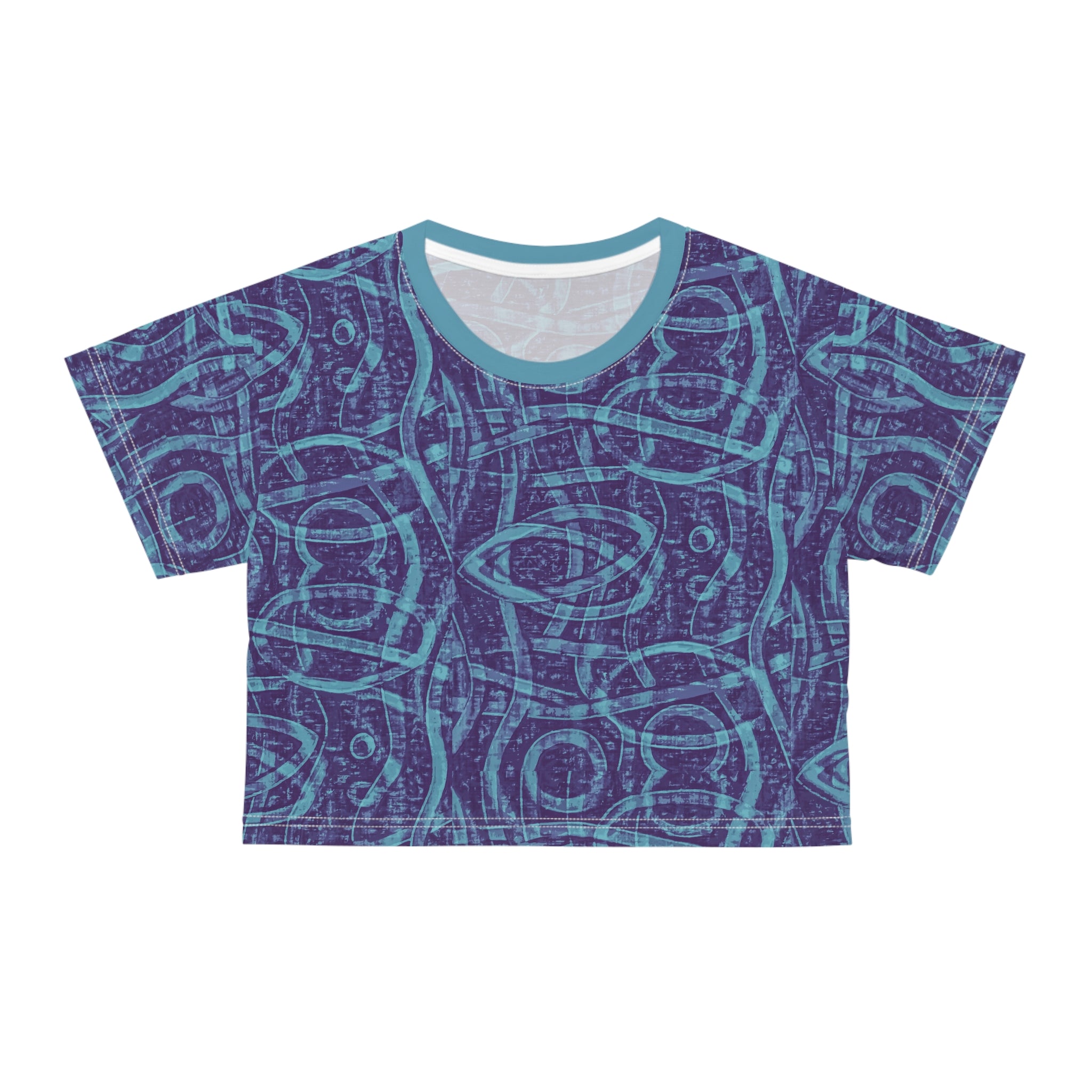 Indigo crop T-shirt with abstract geometric all-over print and crew neckline