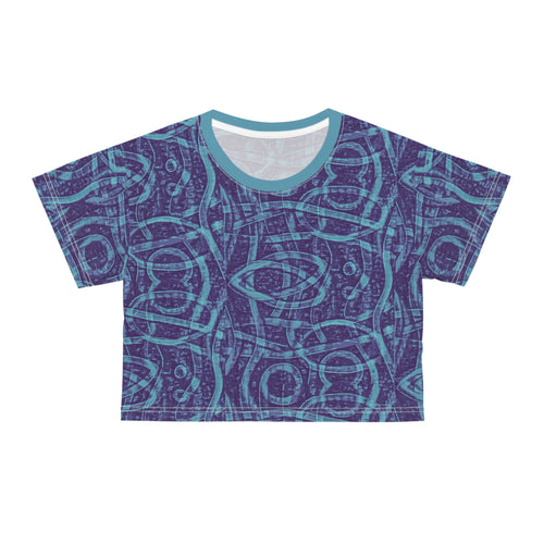 Indigo crop T-shirt with abstract geometric all-over print and crew neckline