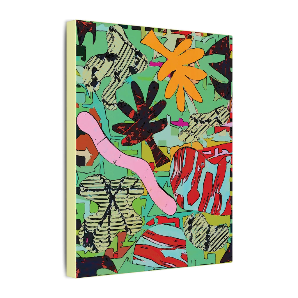Square abstract canvas print with vivid orange flower, red foliage, and textured black-and-cream forms
