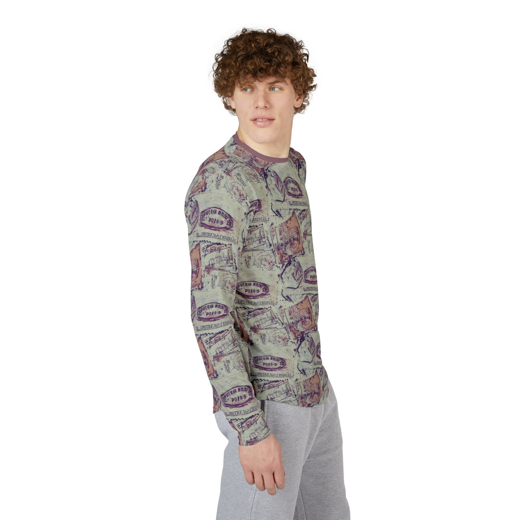 Men's UV Long Sleeve Shirt — "UPF 50+" Vintage Travel Stamp All-Over Print