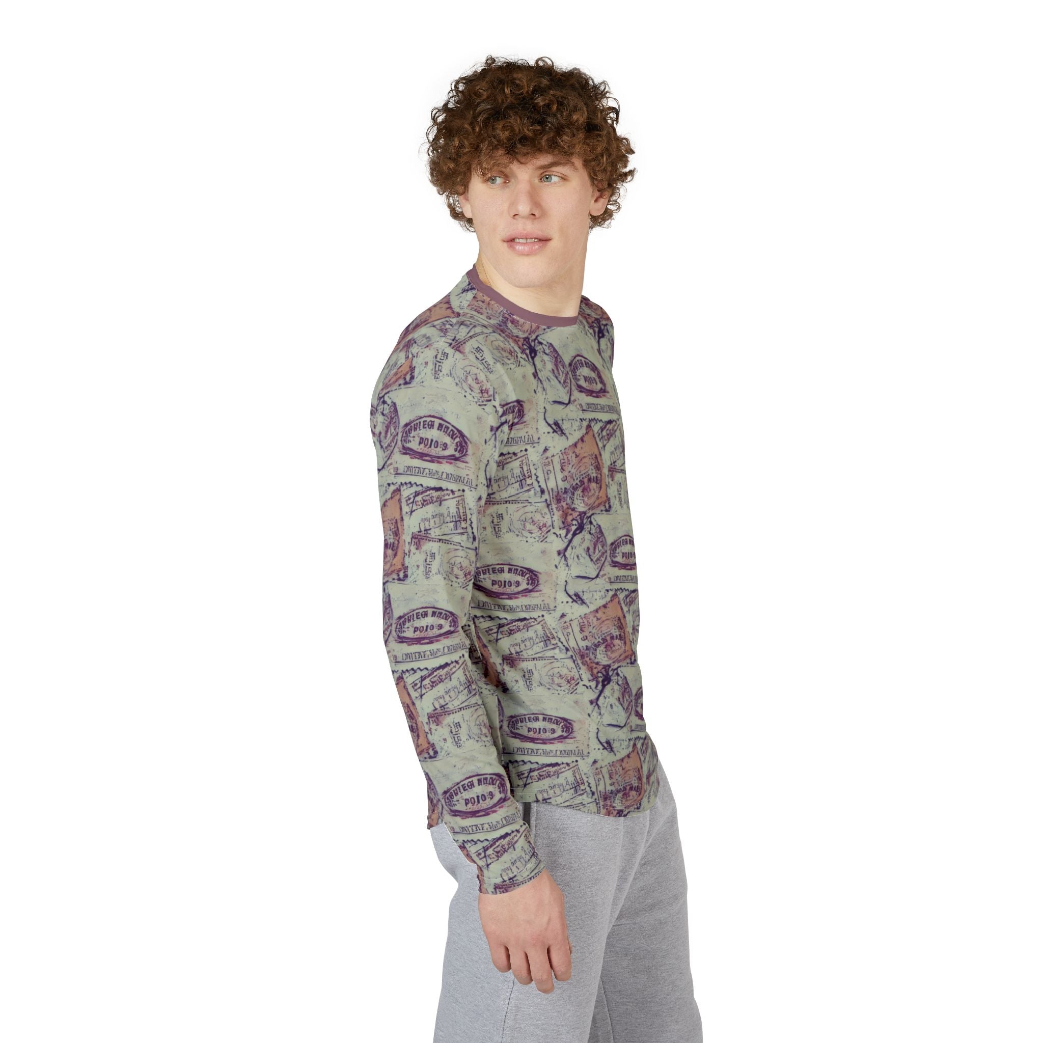 Men's UV Long Sleeve Shirt — "UPF 50+" Vintage Travel Stamp All-Over Print