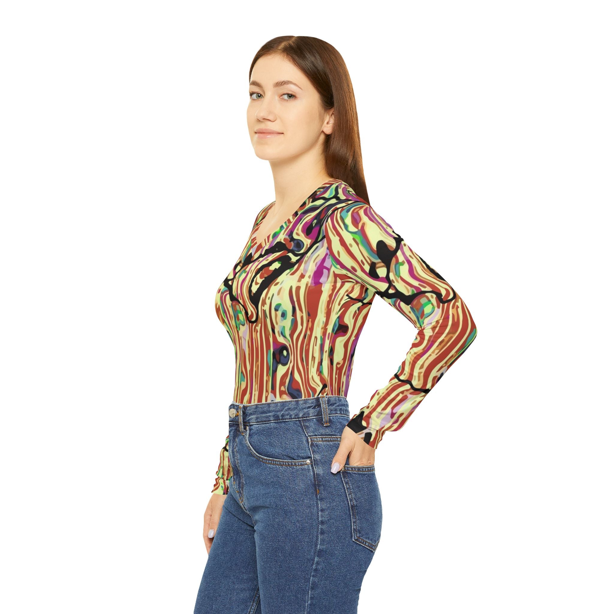 Women's v-neck long-sleeve top, colorful abstract swirl print shown from the side