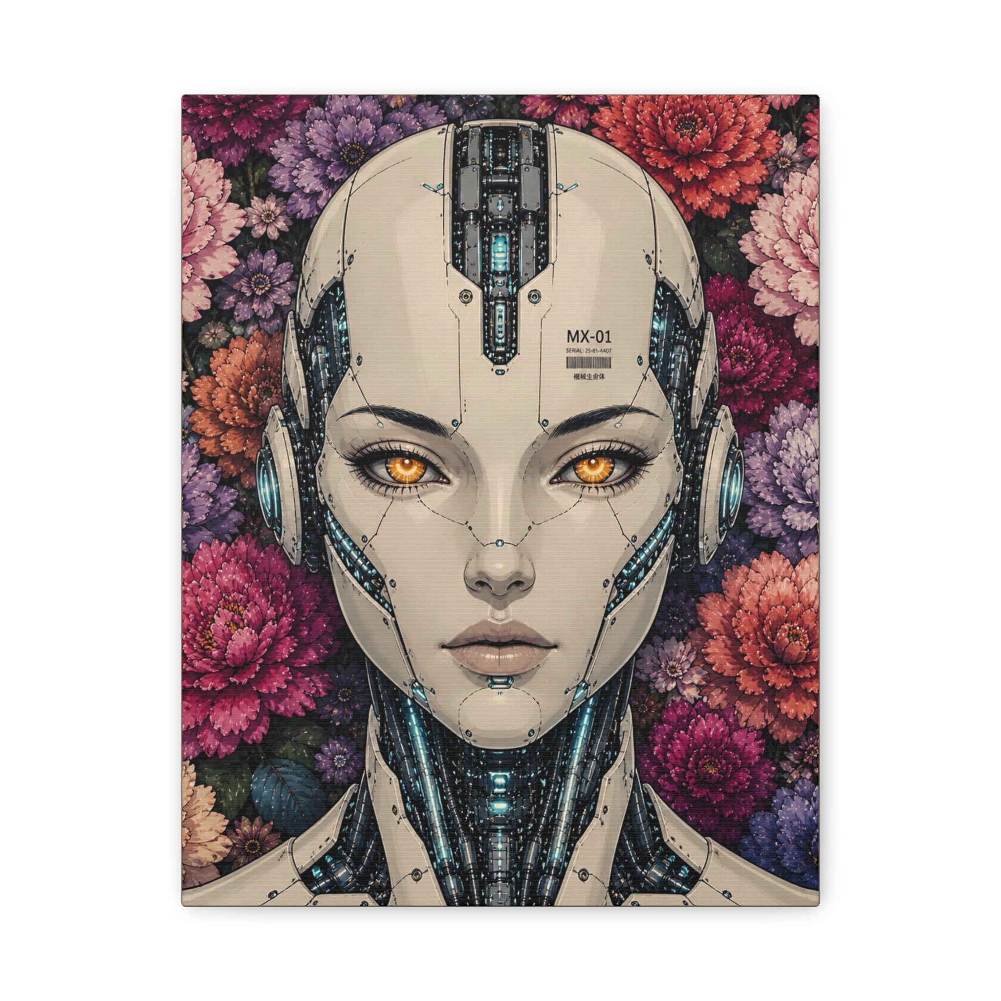 Square canvas print of a front-facing female android with yellow eyes and floral background.