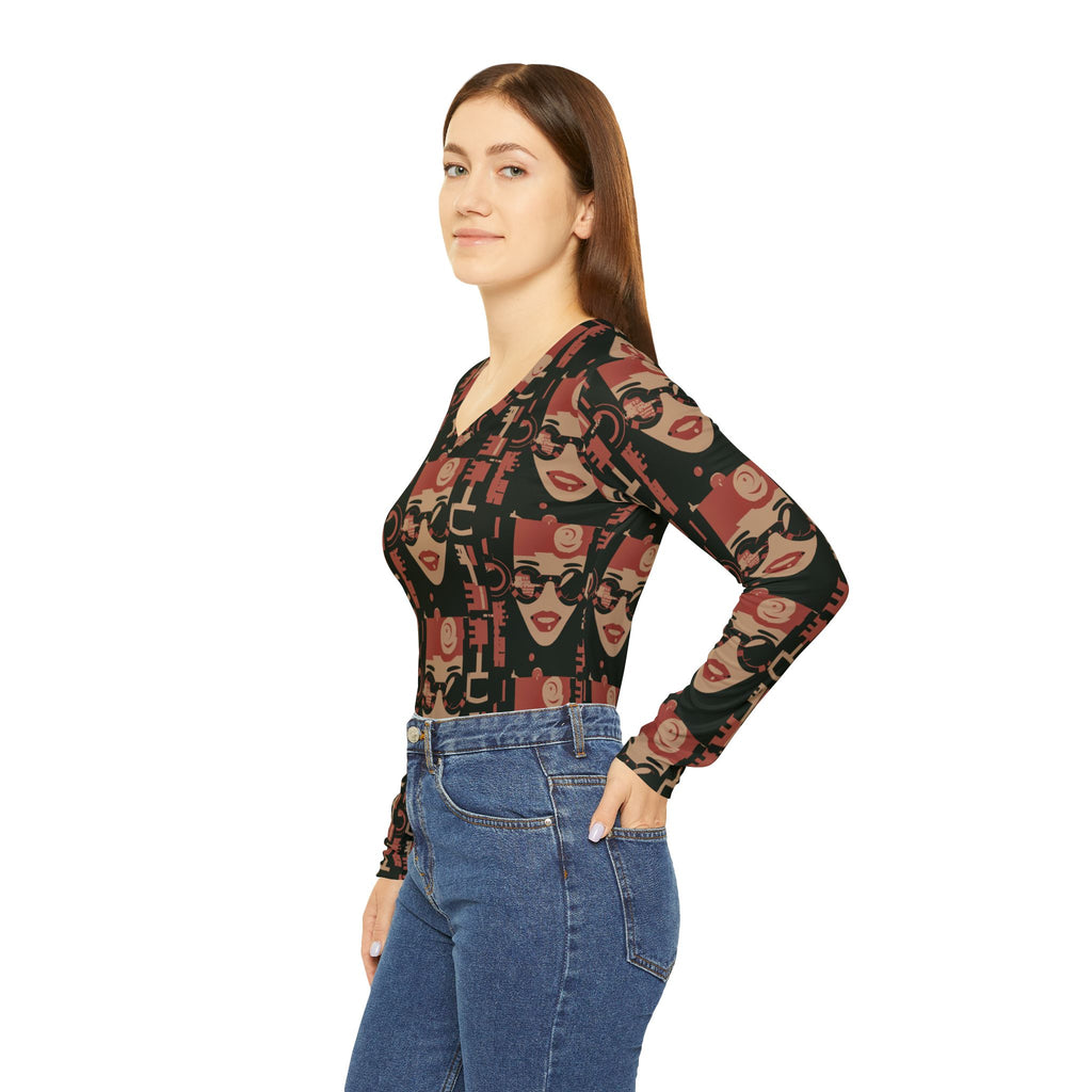 Women's V-neck long sleeve top, side view, all-over face and sunglasses pattern.