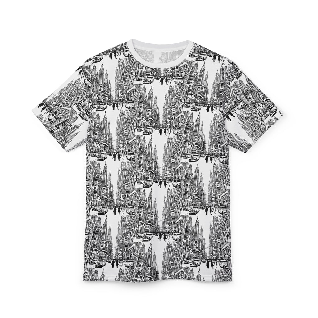 Cityscape Pattern Tee — Monochrome Architectural All-Over Print