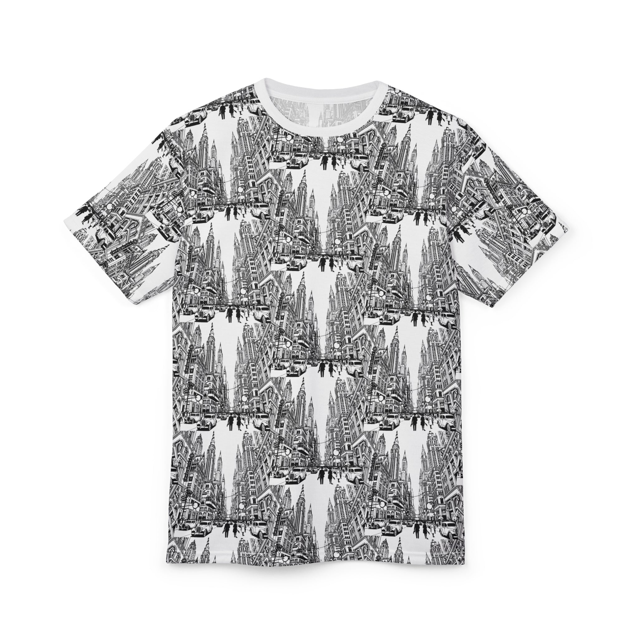 Cityscape Pattern Tee — Monochrome Architectural All-Over Print