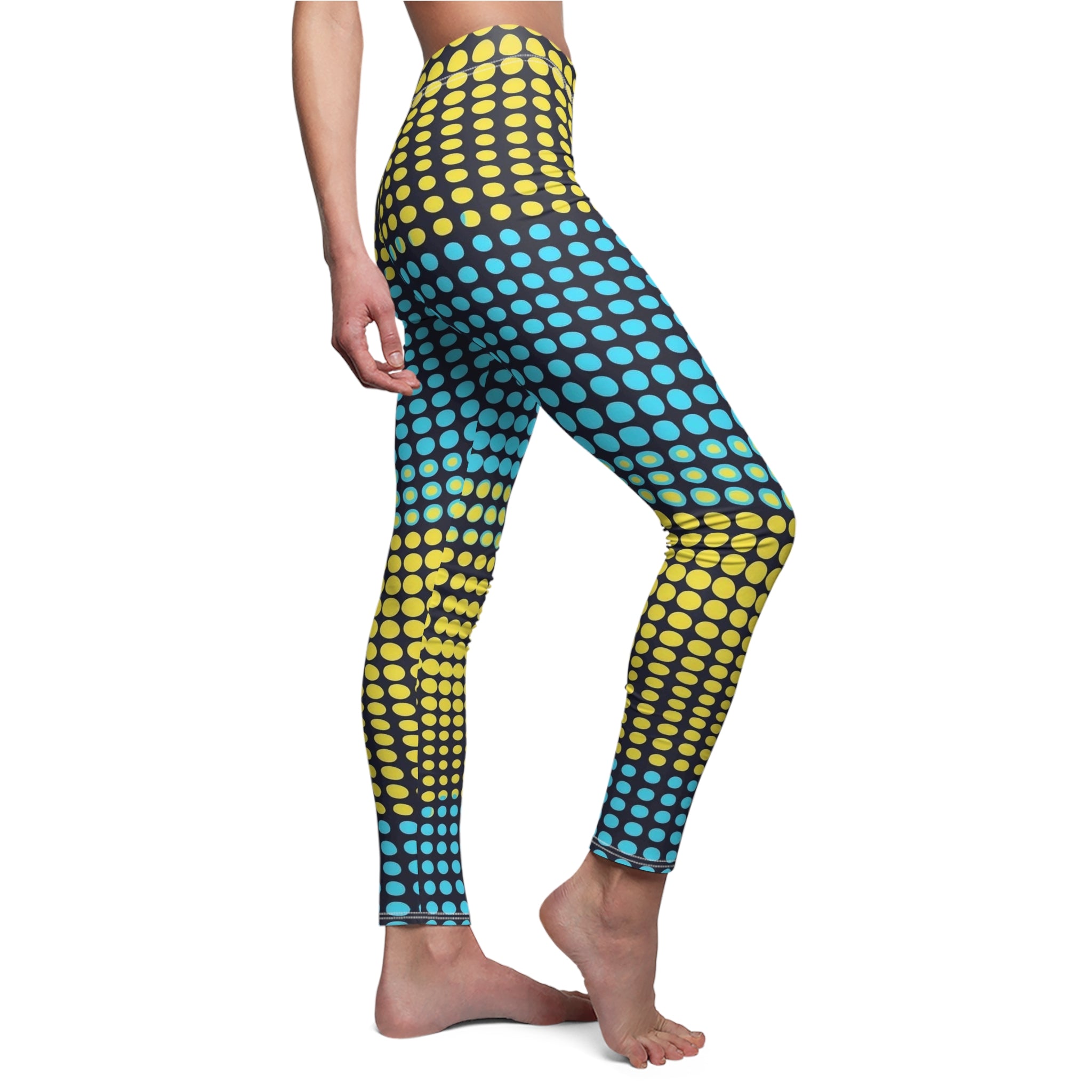 Women’s full-length leggings with yellow and teal retro halftone dot print