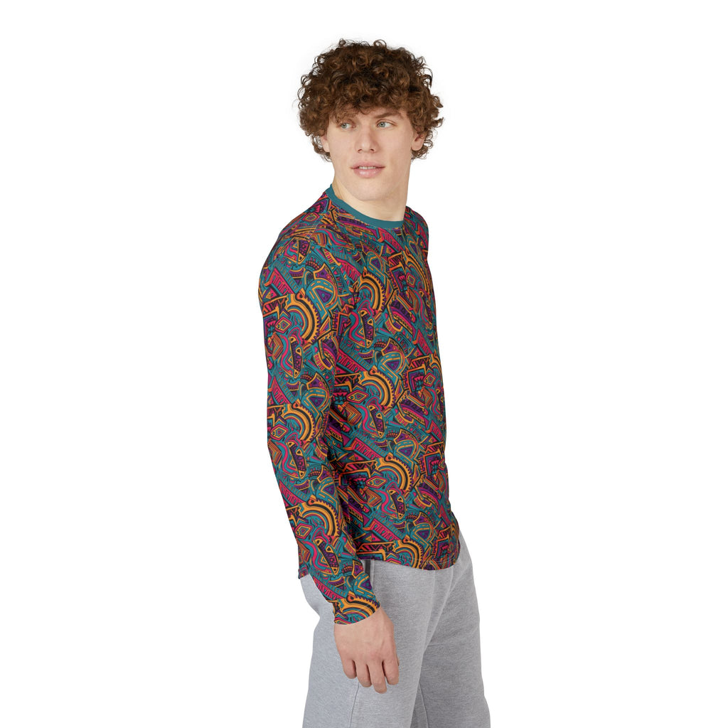 Men's long-sleeve UV shirt, 3/4 side view, vibrant abstract geometric pattern and crew neck