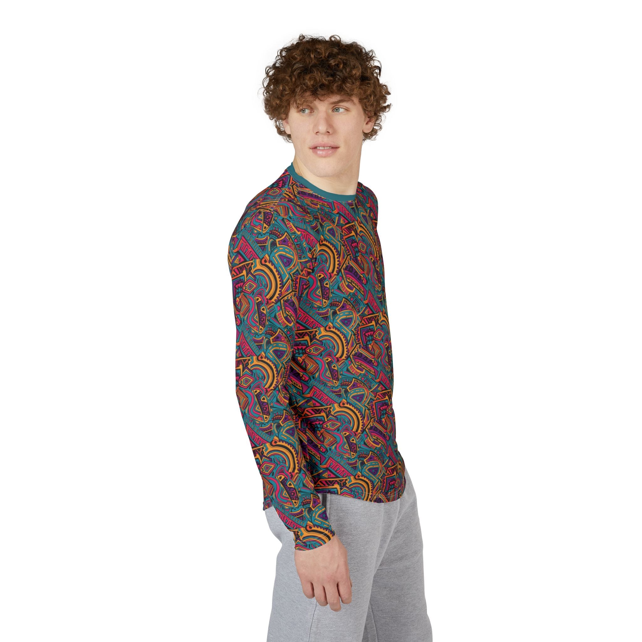 Men's long-sleeve UV shirt, 3/4 side view, vibrant abstract geometric pattern and crew neck