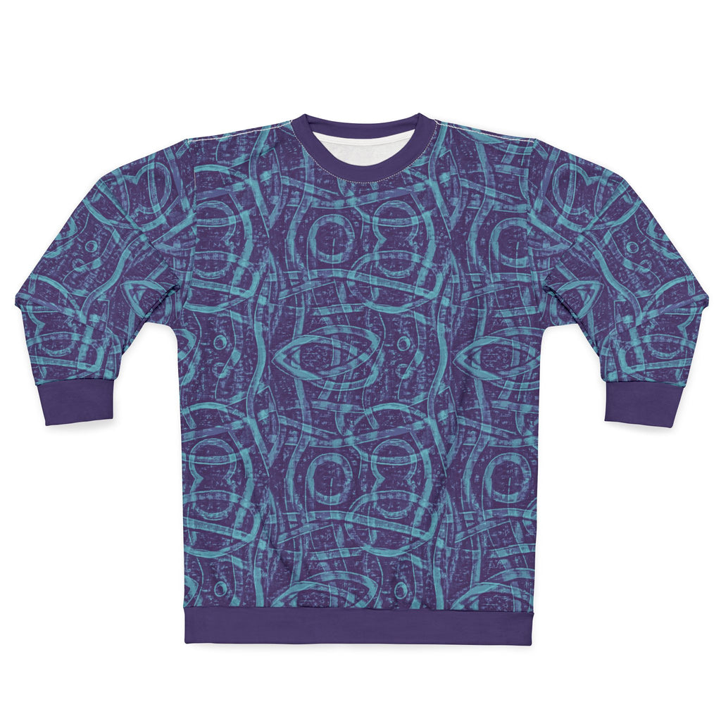 Blue Indigo Geometric All-Over-Print Sweatshirt — Abstract Tribal Pattern
