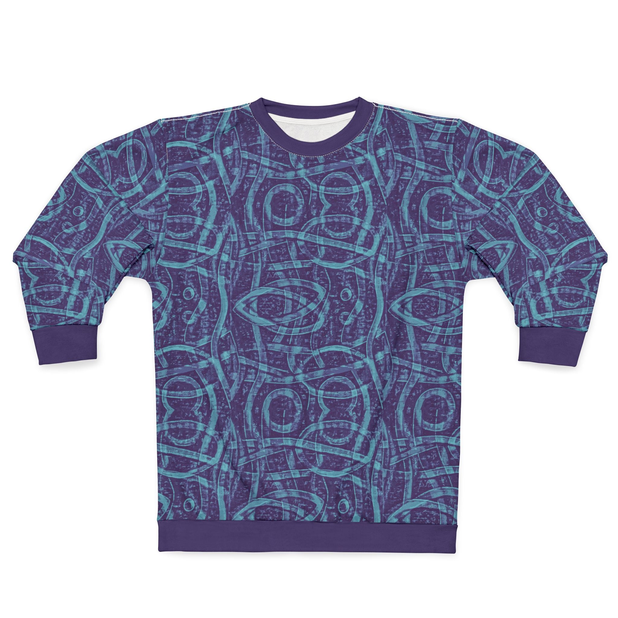 Blue Indigo Geometric All-Over-Print Sweatshirt — Abstract Tribal Pattern