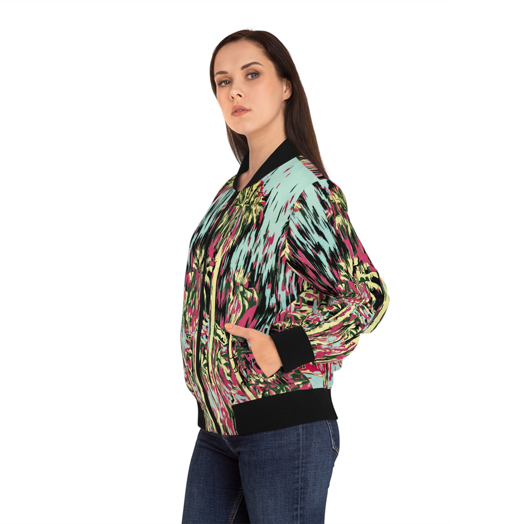 Women's bomber jacket 3/4 view with abstract palm print in pink and teal; black ribbed collar