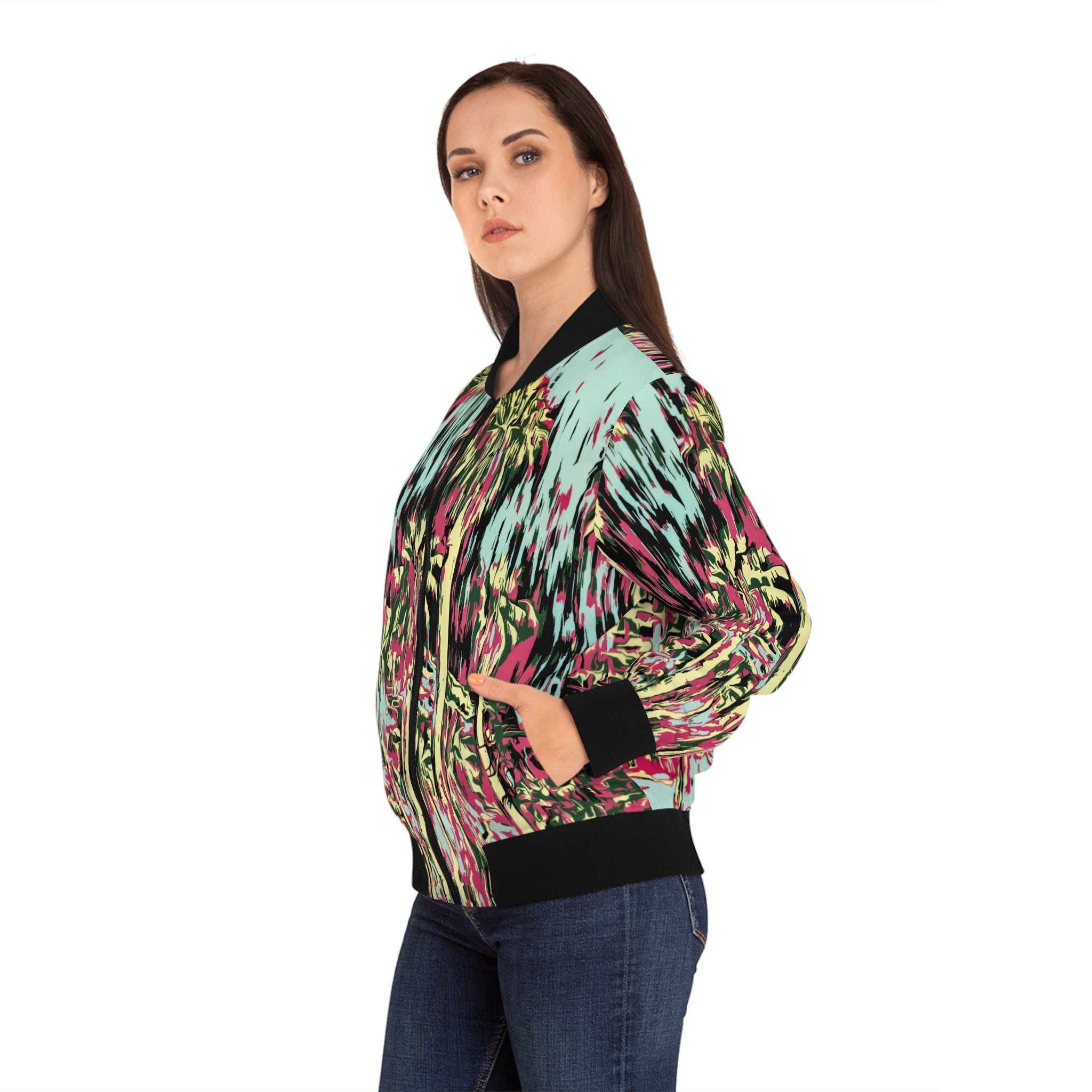 Women's bomber jacket 3/4 view with abstract palm print in pink and teal; black ribbed collar