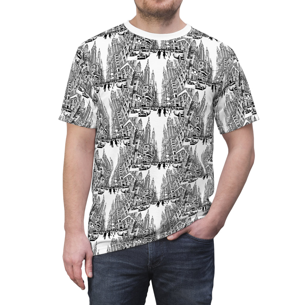 Cityscape Pattern Tee — Monochrome Architectural All-Over Print