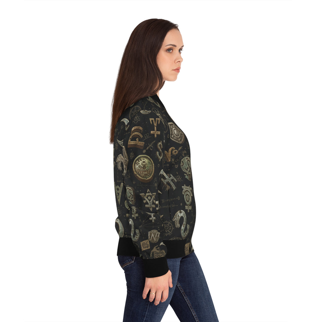 Side view black bomber jacket with gold-tone mystical symbol print and ribbed cuffs